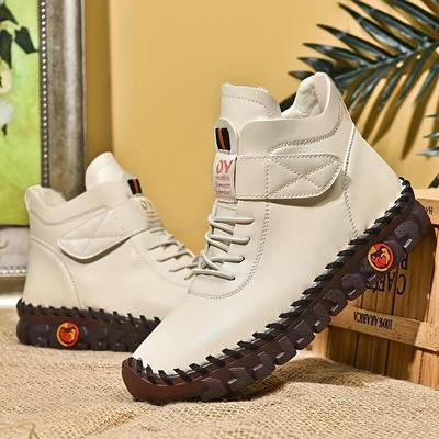 Herbst Winter Damen High Top Flache Sneakers Einfarbig Schnürstiefeletten mit Klettverschluss Lässige und bequeme Stiefel