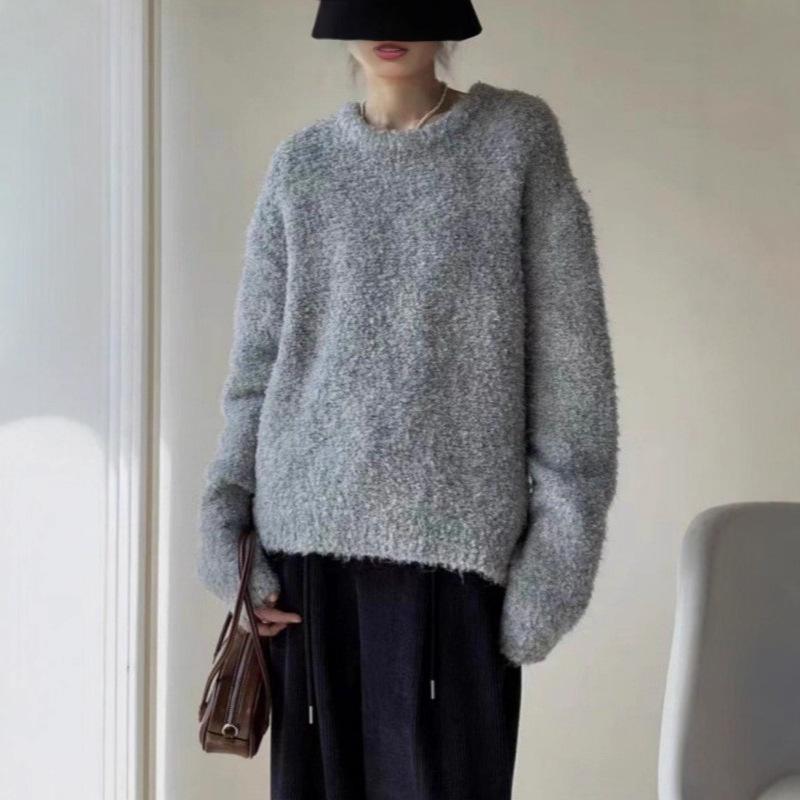Circle Yarn Solid Color Crew Neck Pullover Sweater Women's Autumn and Winter New Loose Lazy Wind Knitted Sweater