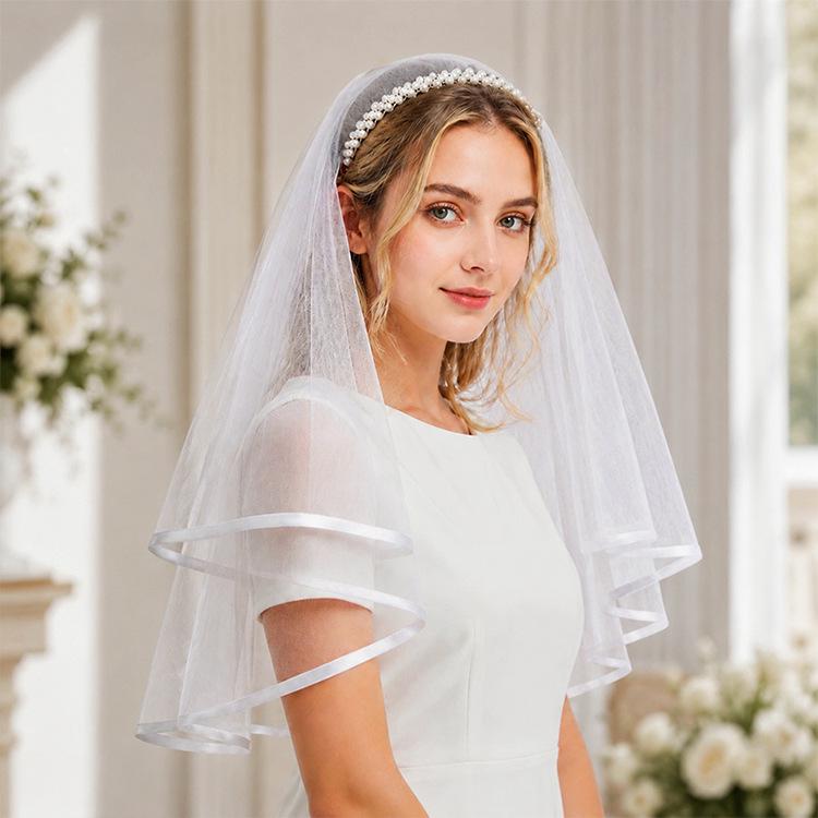 Triple-Row Pearl Headband & Double-Layer Veil Bridal Headdress