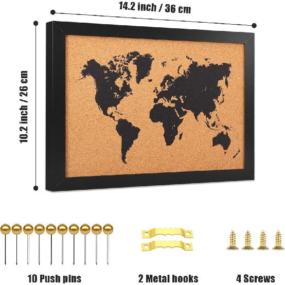 Cork Board Map of World, 14" X 11" Bulletin Boards for Walls with 10 P, Travel Tracker Map for Office, School and Home (WD-MAP-2636)