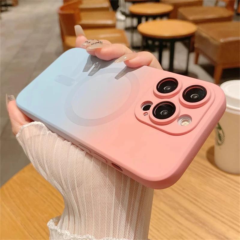 Luxury Gradient Soft Silicone Case For Magsafe Wireless Magnetic Charge For iPhone 15 14 12 11 13 Pro Max Plus Matte Color Cover