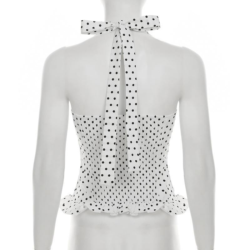 Women Summer Sweetheart Neck Polka Dot Ruffle Hem Slim Fit Sleeveless Camisole Top