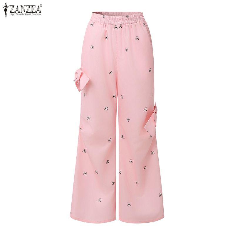 ZANZEA Women Casual Elastic Waist Loose Print Long Pants