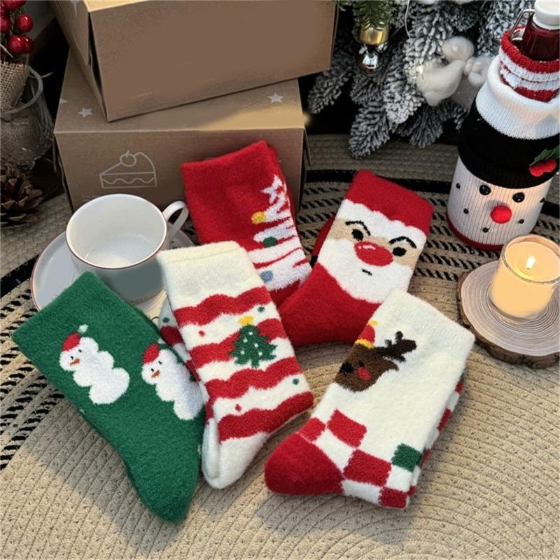Coral Fleece Floor Crew Socks Christmas Pattern Winter Thermal Warm Fuzzy for Women Men Winter Indoor Slipper Hosiery