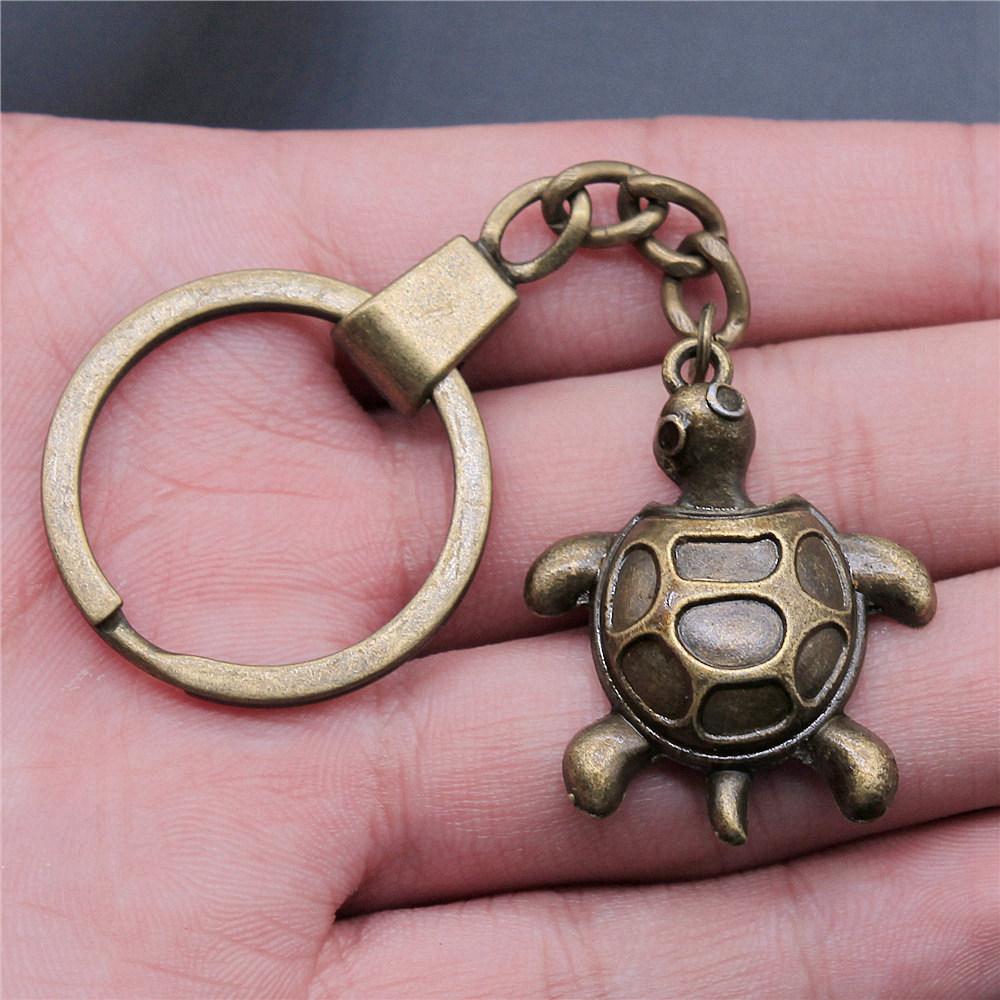 Marine Life Turtle Ocean Creature Pendant Antique Bronze Metal Keychain with 30mm Ring for Men Fashion Gift
