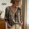 Boho Locker Bluse Damen Sommer Lässiges Hemd, V-Ausschnitt Schnürung 3/4 Ärmel Bluse, Kariert Dreiviertel Puff Oberteil Druck Fließende Oberteile, Leicht Atmungsaktiv