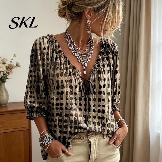 Boho Locker Bluse Damen Sommer Lässiges Hemd, V-Ausschnitt Schnürung 3/4 Ärmel Bluse, Kariert Dreiviertel Puff Oberteil Druck Fließende Oberteile, Leicht Atmungsaktiv