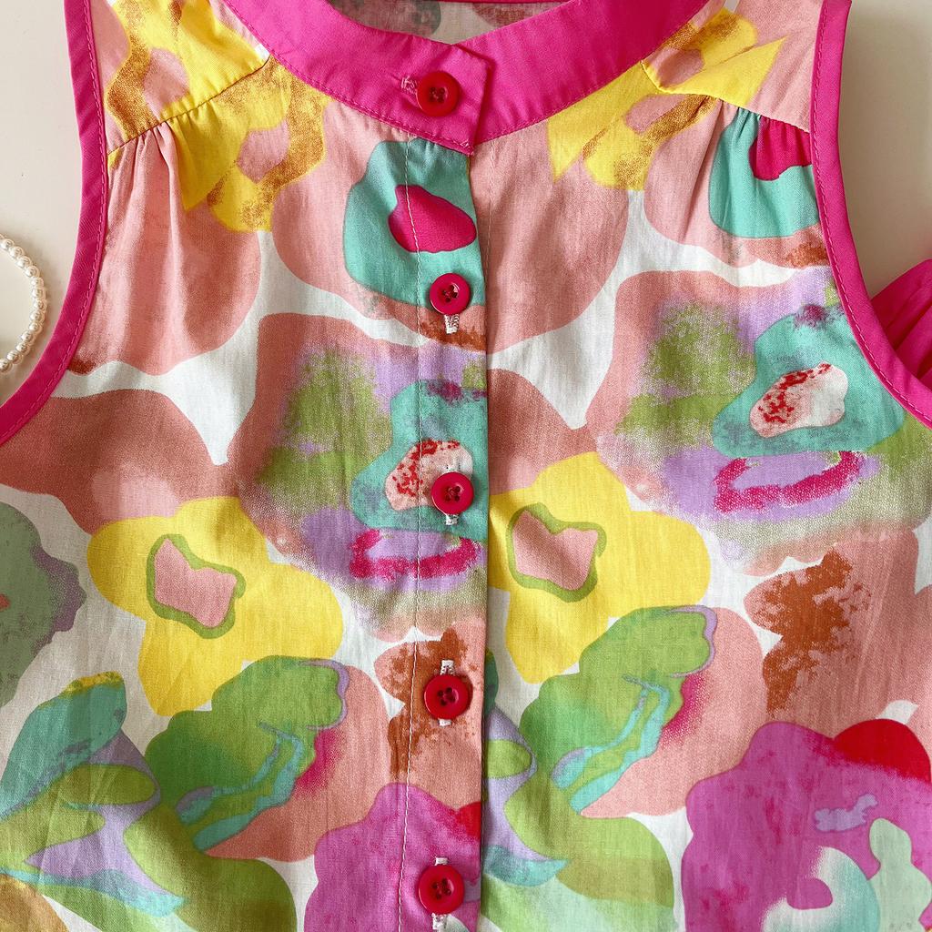 Girls' Summer Set Korean Printed Sleeveless Round Neck Suit Shirt and Pants Set Girls' Casual Two-piece Set