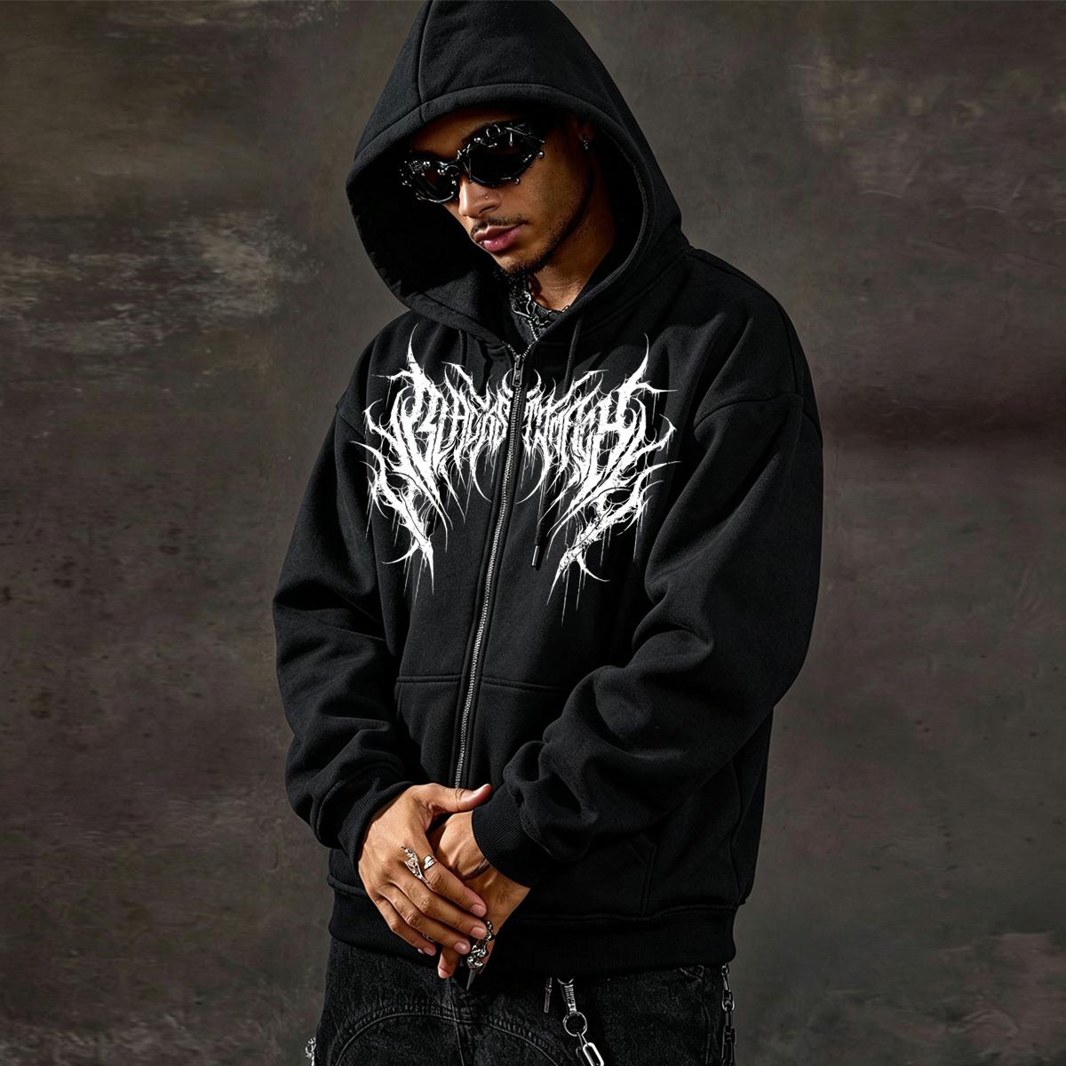 Casual Printed Full-Zip Hooded Sweatshirt, Comfortable Fleece Hooded Zip-Up Sweatshirt, Unisex Style L