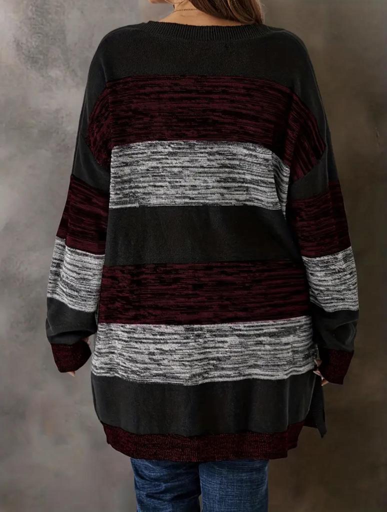 2025 Casual European & American Long Knit Cardigan Color Block Patchwork Wool Coat