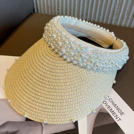 Women Beach Sun Hat Straw Visor Cap Beaded Pearl Casual Vacation Summer Sun Hat