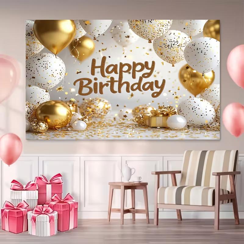 2D White Gold Balloon Happy Birthday Backdrop for Adult Birthday Party