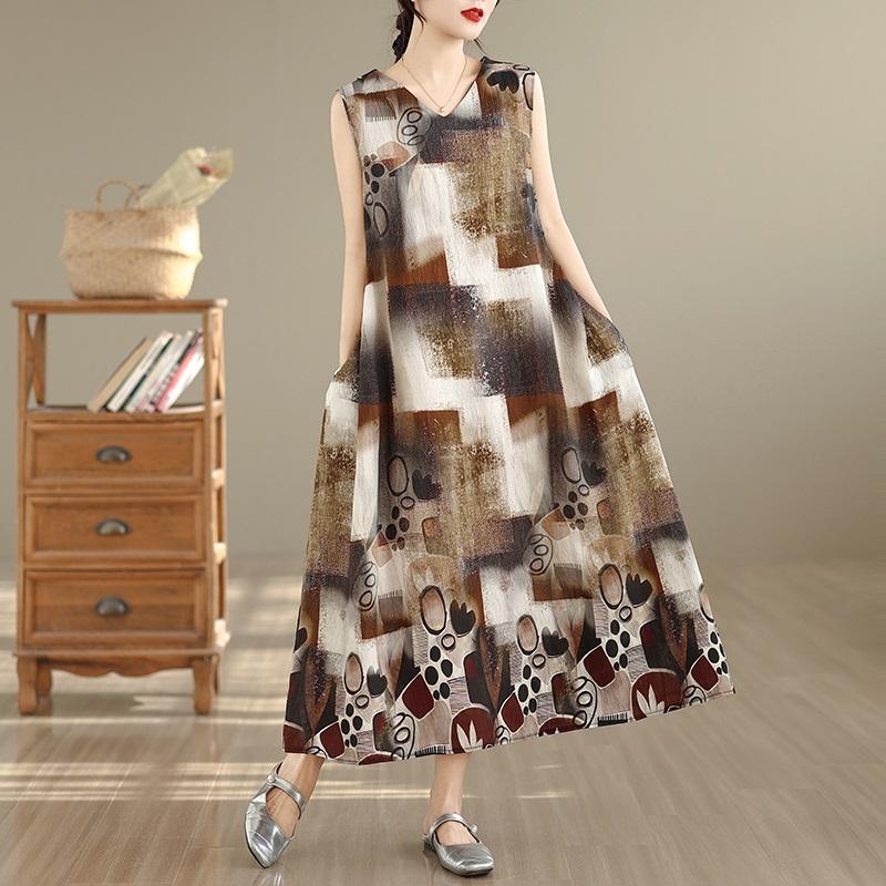 Sleeveless Plus Size Cotton Vintage Floral New In Dresses for Women Casual Loose Long Summer Dress
