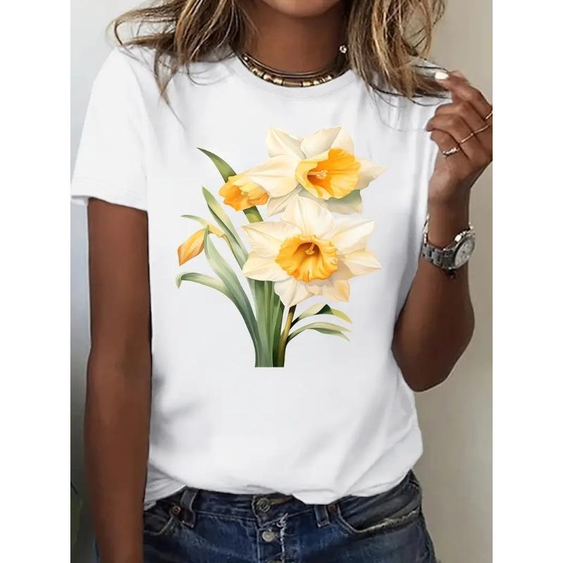 Womens' Retro 3D Floral Print Blue and White Watercolor Flower Short Sleeved Summer T-shirt