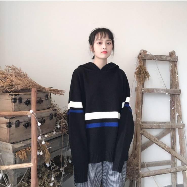 

Pofulove осень зима ins свитер с капюшоном школьница свободный Harajuku bf пуловер ленивой вязки топ M чёрный