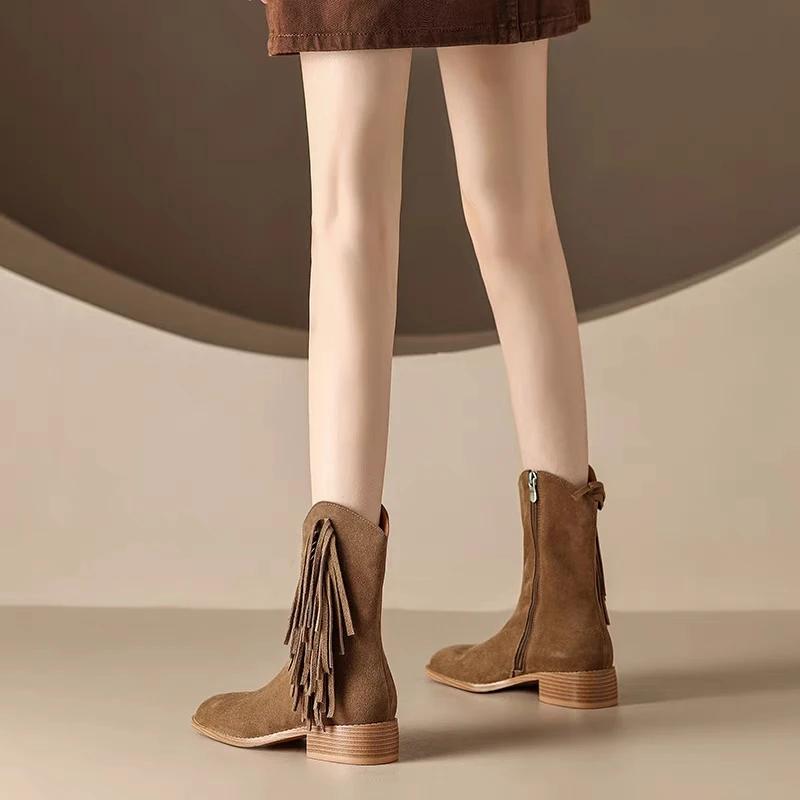 Mode Neue Herbst Kuhveloursleder Damenstiefel Winter Kurze Stiefel für Damen Mode Quasten Stiefel Damenschuhe Blockabsatz Western Cowboy Stiefel