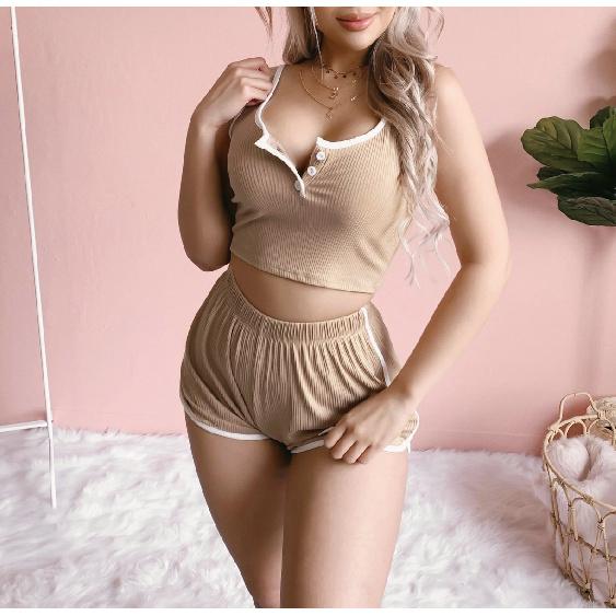 2026 Spring/Summer Sexy U-Neck Tight-Fitting Strap Short Waist-Revealing Shorts Women s Set S хаки
