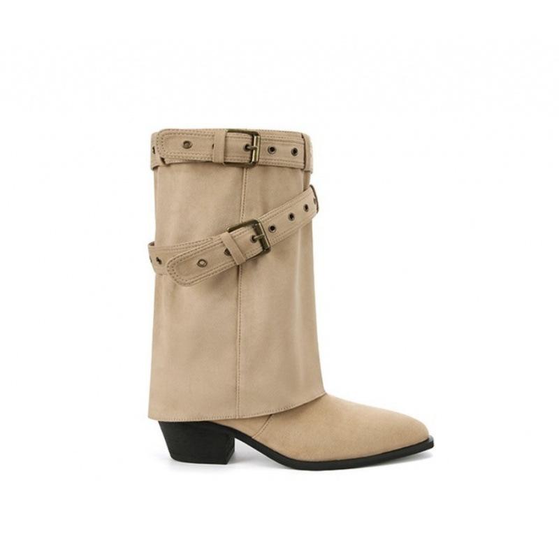 Cowhide version~ Danish trouser boots pointed buckle thick heel desert cowboy boots stacked short boots women's western boots