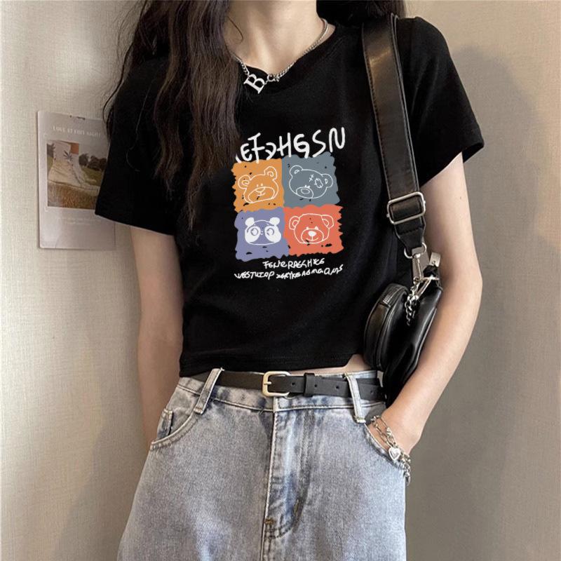 A pure cotton white t-shirt women's design front shoulder short sleeve summer letter print high waist spice top