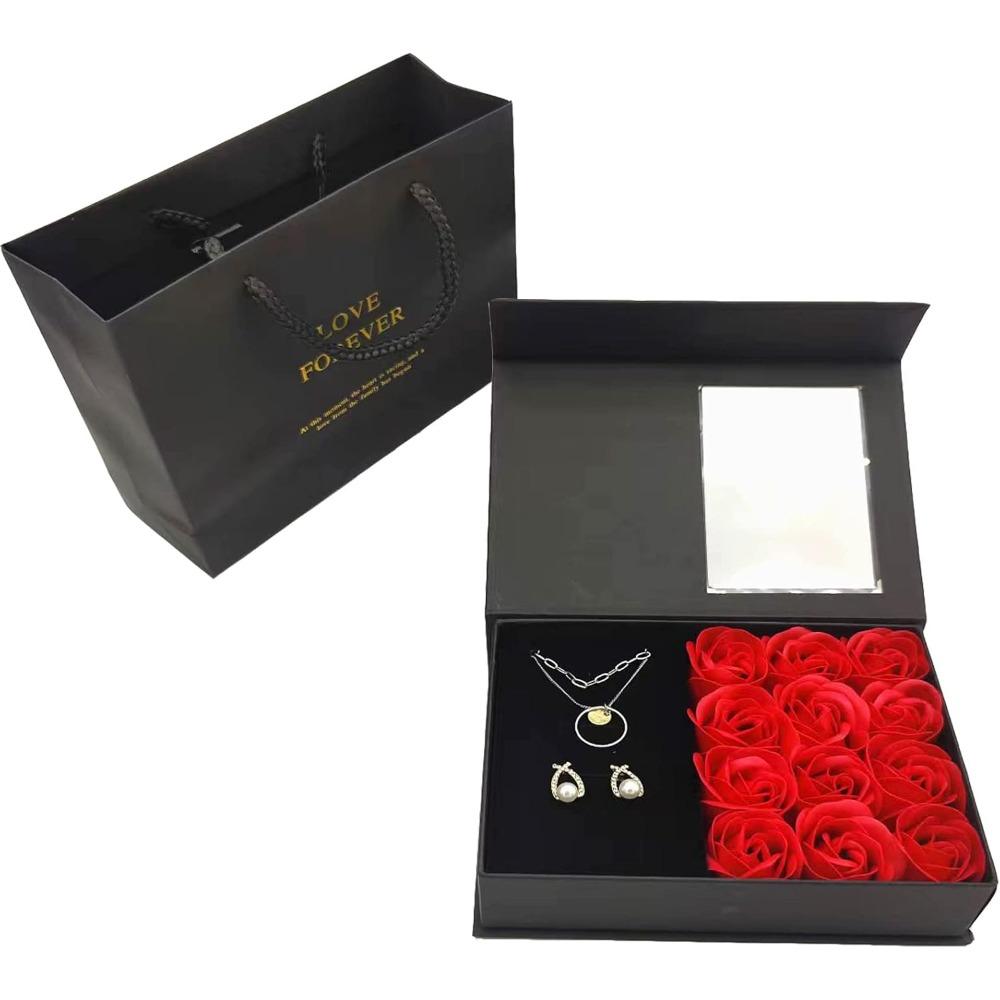 Jewelry Gift Box with Lids, Preserved Rose Jewelry Set Gift Box, Velvet Romantic Valentines Packaging Box with 12 Roses for Valentines Day Mothers Day
