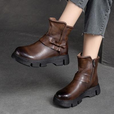 Genuine Leather Short Boots Thick Soled Round Toe Retro Side Zipper Versatile Women's Shoes