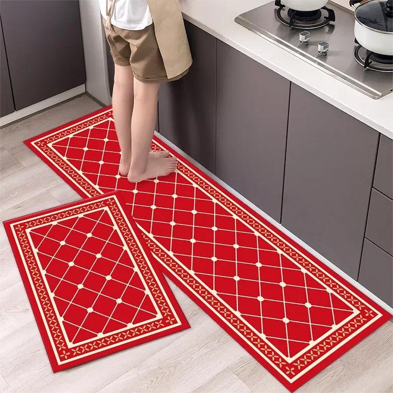 Kitchen Floor Mat PVC Leather Waterproof Non-slip Oil-proof Long Carpet Strip Plaid Stripe Home Decoration Foot Mats