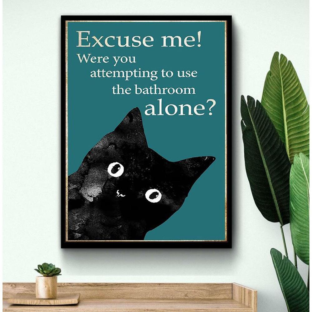 Funny Cat Poster Bathroom Decor Vintage Wall Art Black Animal Excuse Me Quote Retro Canvas Painting Print Room Home Decor