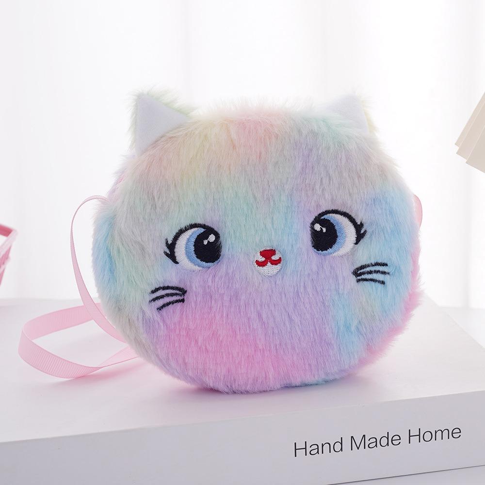 Sac à bandoulière créatif en peluche Chat de dessin animé Couleur arc-en-ciel Sac bandoulière pour enfants Sac messager doux Cadeau pour enfants