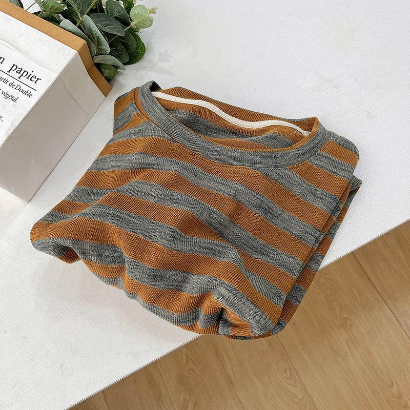 European Women's Oversized Gray-Orange Striped Long-Sleeve T-Shirt, Autumn 2025 Collection – Soft, Comfortable, and Versatile.