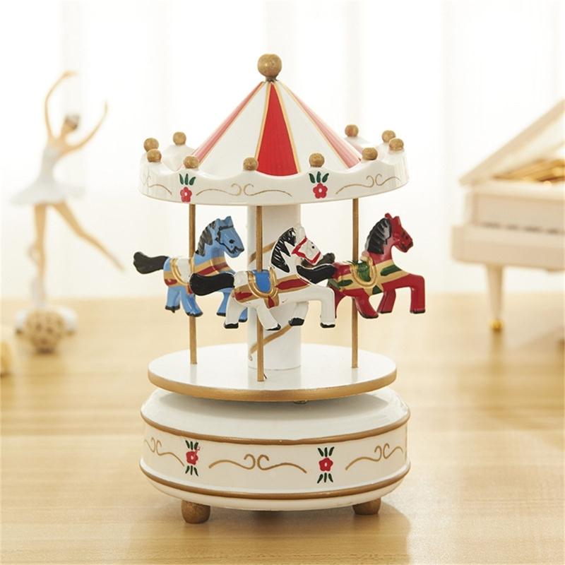 Handcrafted Wooden Rotating Carousels Music Box Ornament Hand Cranked Design For Christmas Home Tabletop Shelf Decors
