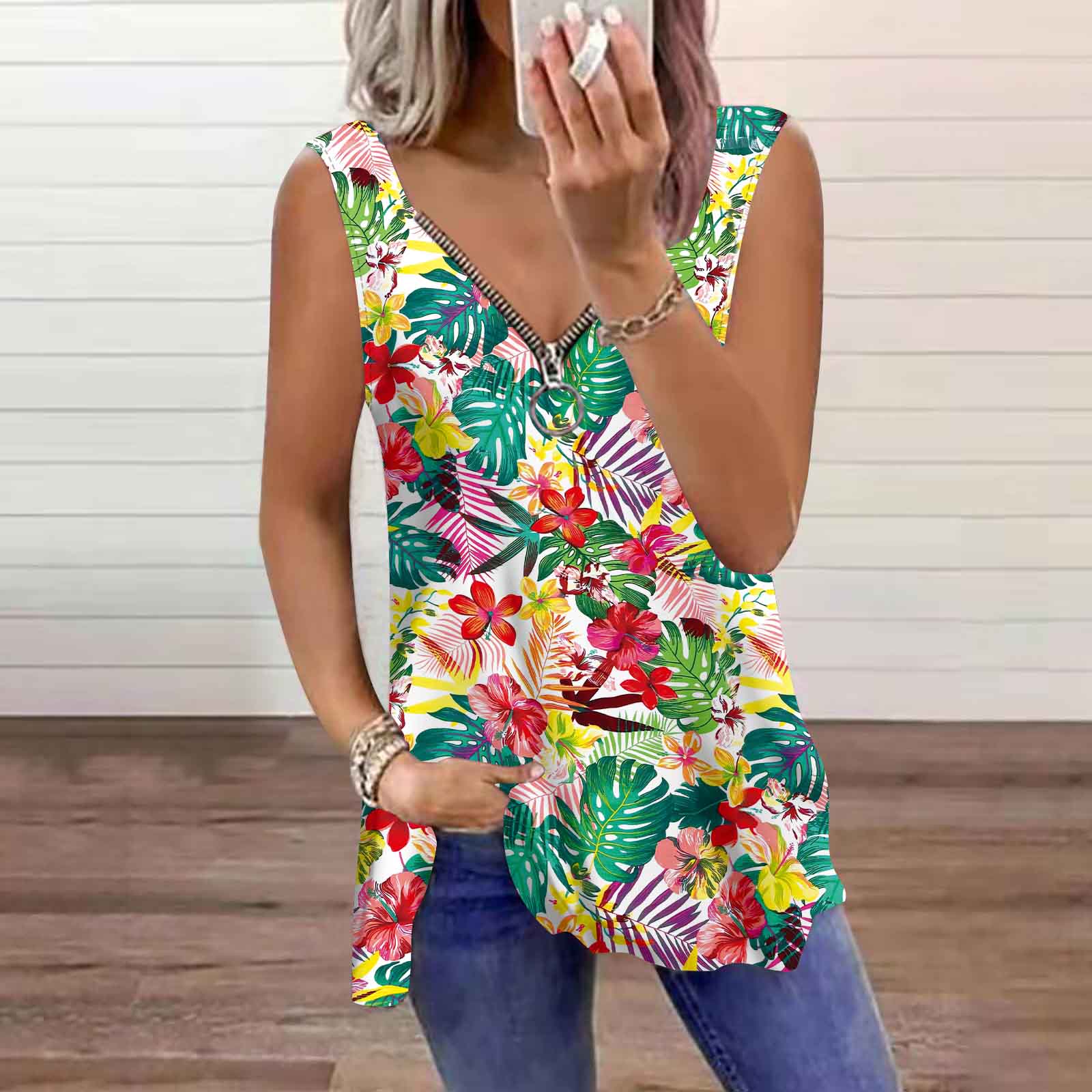 

Женский топ, летний, с принтом различных листьев, повседневный, большого размера, без рукавов, на молнии, с V-образным вырезом, майка 8XL разноцветный