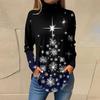 Women's Fashionable Loose-Fit High-Neck T-Shirt With Christmas Print Long-Sleeved Top