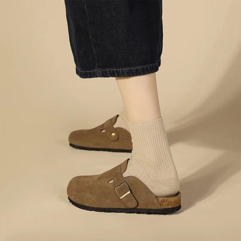 Leather Cork Bottom Boken Shoes Women's Bag Head Half Slippers Outer Wear Big Head Shoes Round Head Japanese Versatile Retro Flats