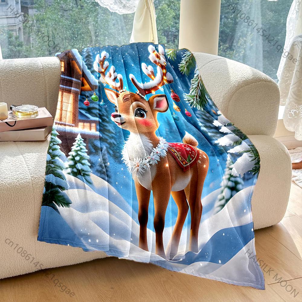 Festive Reindeer in Snowy Landscape Pattern Blanket Flannel Material Soft Warm for All Seasons Home Outdoor Camping Picnics RV