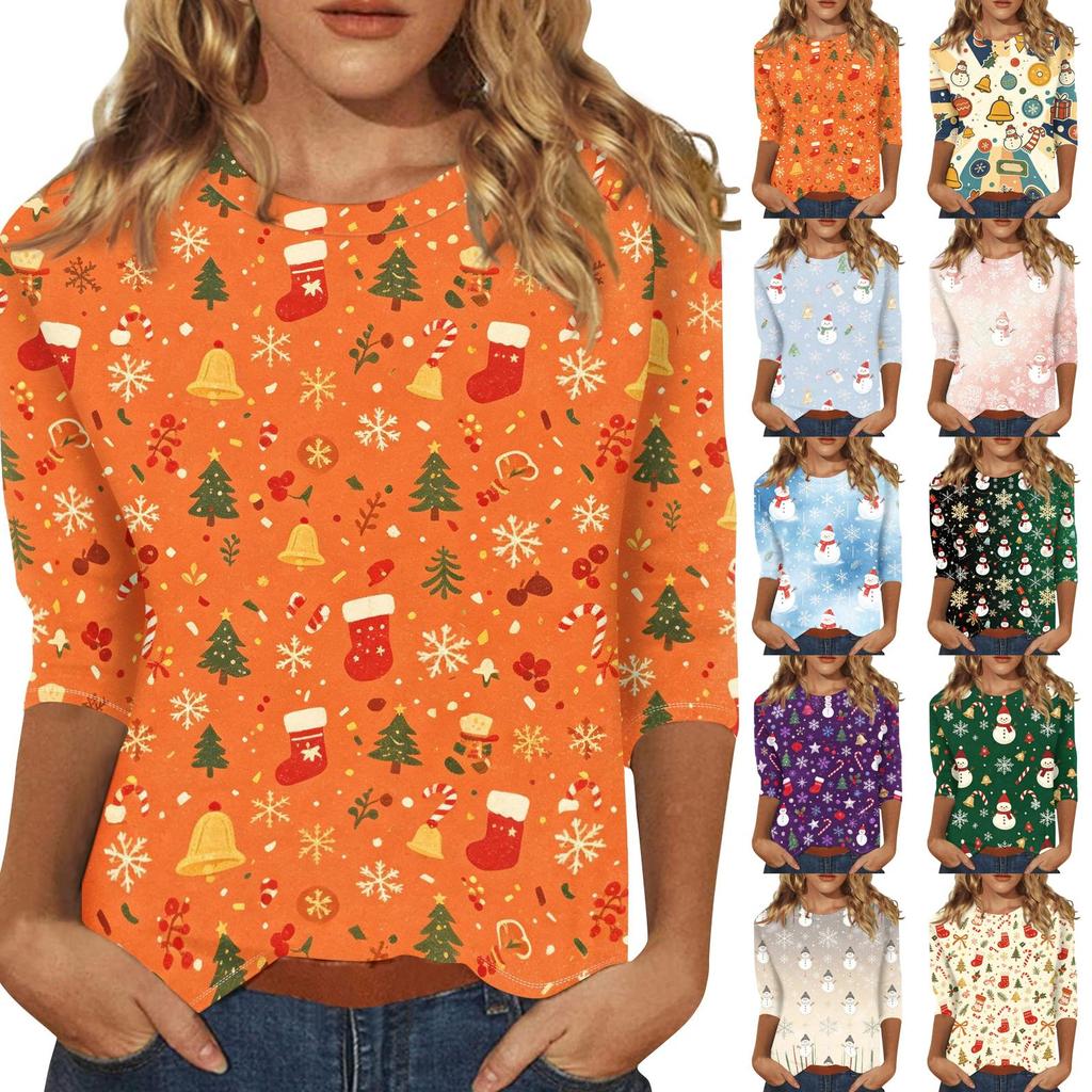 Women's Casual 3/4 Sleeve Round Neck Top with Christmas Print