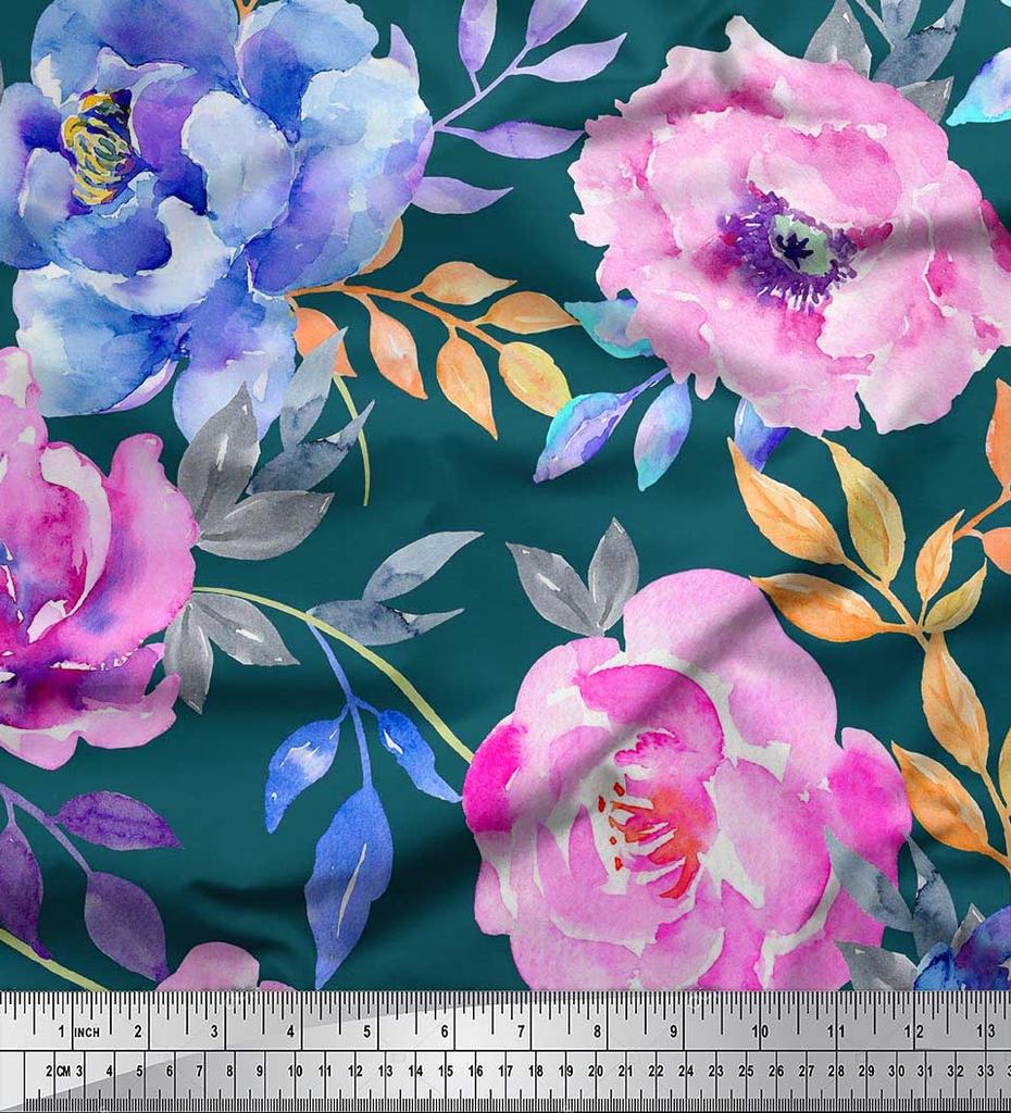 Soimoi Japan Crepe Satin Fabric Leaves & Peony Flower Print Fabric by the Metre 42 Inch