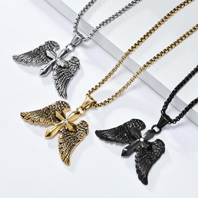 Vintage Erzengel Doppel-Flügel Kreuz Halskette für Herren Punk Hip Hop Stil Edelstahl
