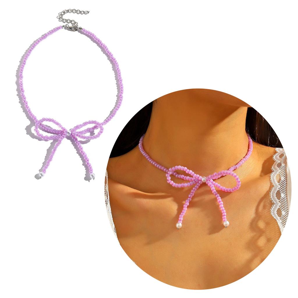 Bowknot Pendant Clavicle Chain Acrylic Beaded Butterfly Statement Women Necklace Adjustable Collarbone Chain Jewelry