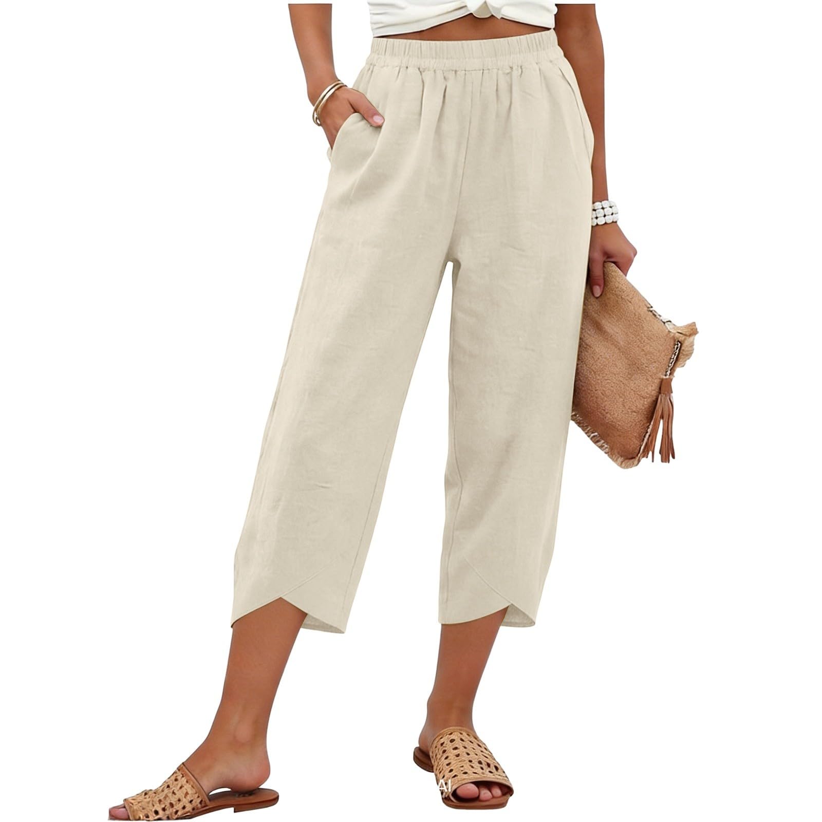 

Women s Casual -Color Cotton-Linen Cropped Trousers With Crossed Cuffs L бежевый