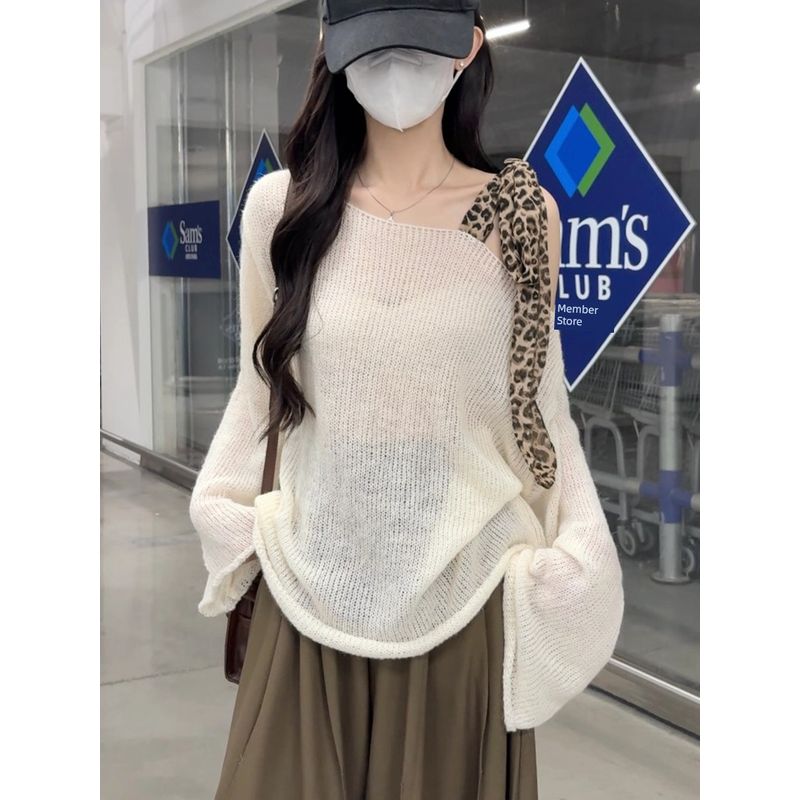 Kumikumi New Leopard Print Lace-up off-Shoulder Apricot Knit Women Autumn Chic Age-Reducing Slimming Versatile Top