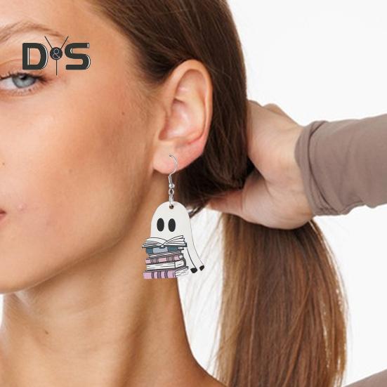 Halloween-Geister-Ohrringe, Holzgeist mit Buch-Ohrringen, Halloween-Party-Schmuck für Frauen, Make-up und Alltagskleidung