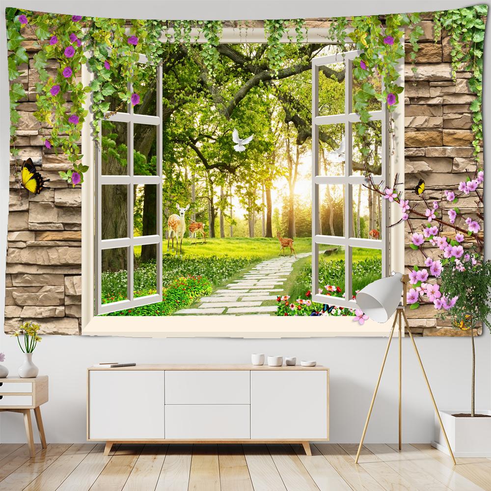 

Вікно Пейзаж Гобелен Для Прикраси 3D Романтичні Квіти Гобелен Домашній Живопис Психоделічний Ліс Гобелени Настінний W150xH100cm