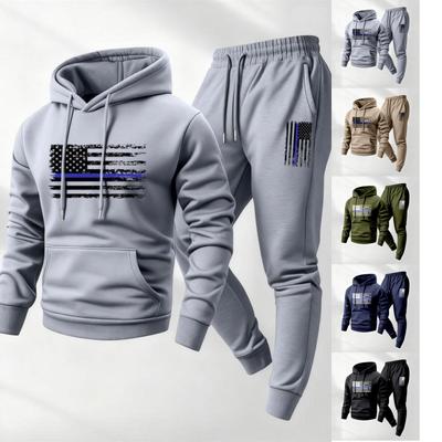 Men's Casual Printed Sweatshirt Set, Men's Fleece Hooded Drawstring Sweatshirt And Sweatpants Two-piece Set