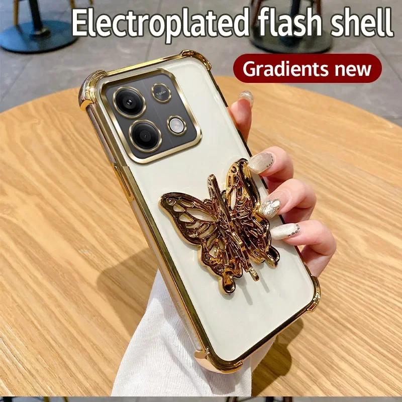 

3D Чехол-подставка Бабочка с гальваническим покрытием для Xiaomi Redmi 15C Note 15 Note 14 Pro Plus 14C POCO C85 4G 5G Противоударная крышка с подставкой Redmi Note 14Pro 4G золотистый