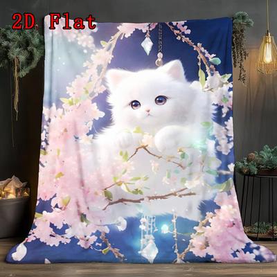 Whimsical Cat & Florals 2D Flat Pattern Flannel Blanket High Quality All Seasons Warmth and Comfort Perfect for Christmas Gifts.