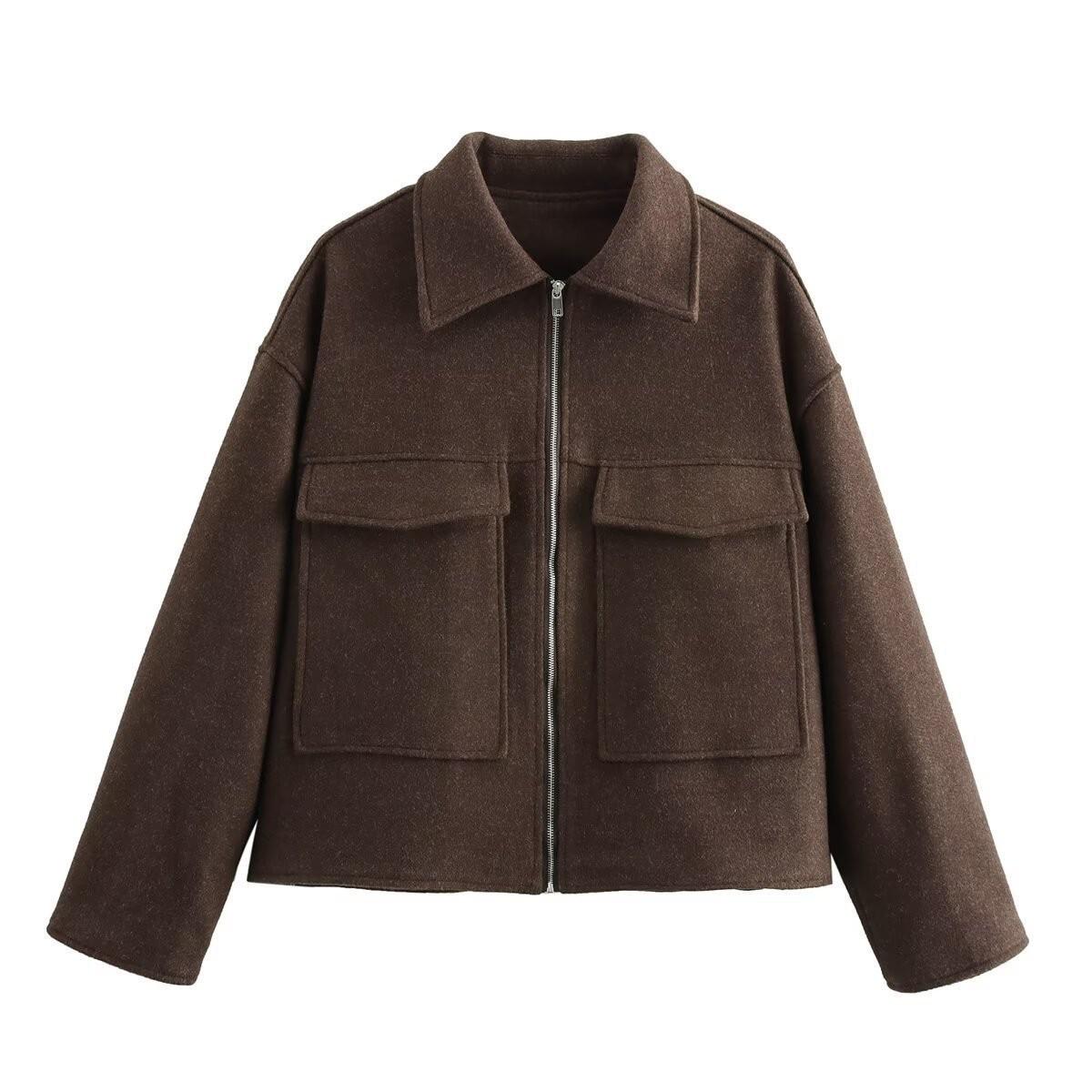 

2025 Women s Casual Woolen Coat with Zipper and Big Pockets, Spring/Autumn Fashion, European & American Style, Loose Lapel Design Small коричневий