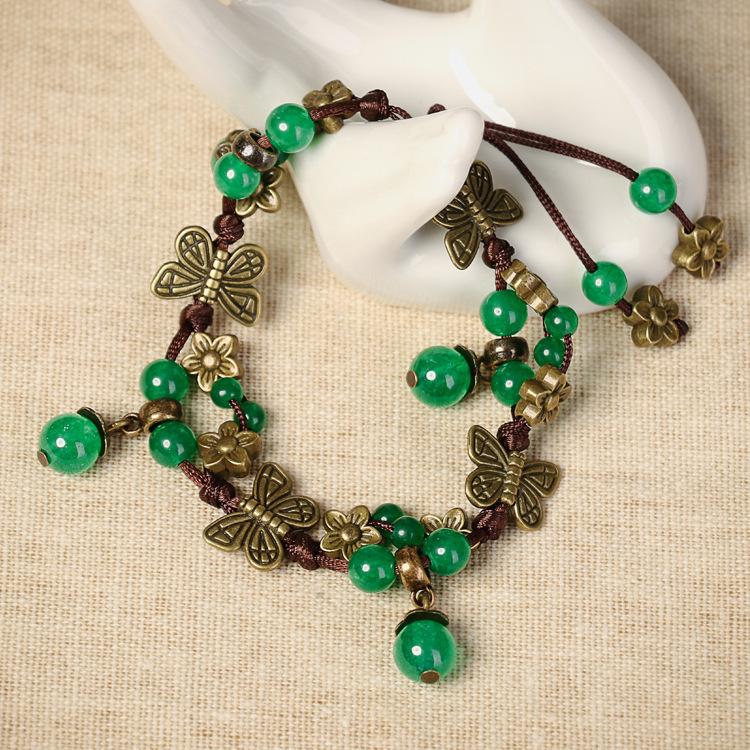 Hand-woven agate bracelet women's vintage bohemian butterfly flower fringed pendant anklet