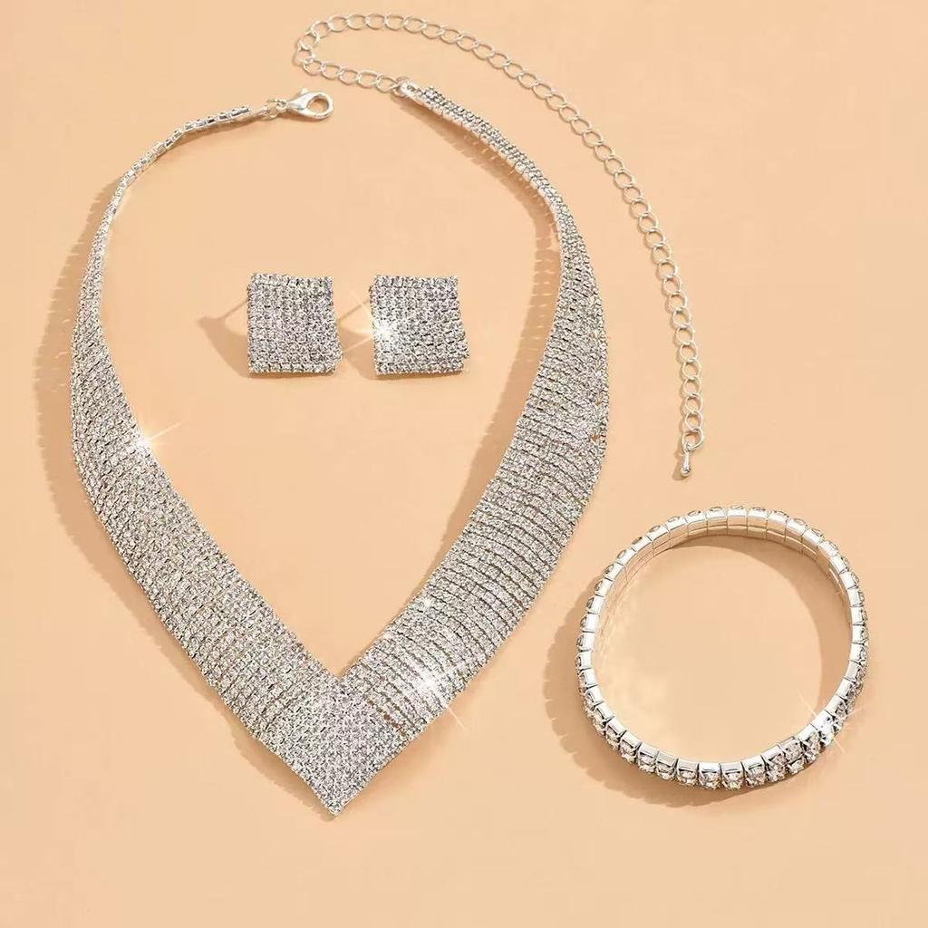 3Pcs Fashionable Rhinestones Necklaces Earrings Jewelry Set Women'S Wedding Accessories Gift