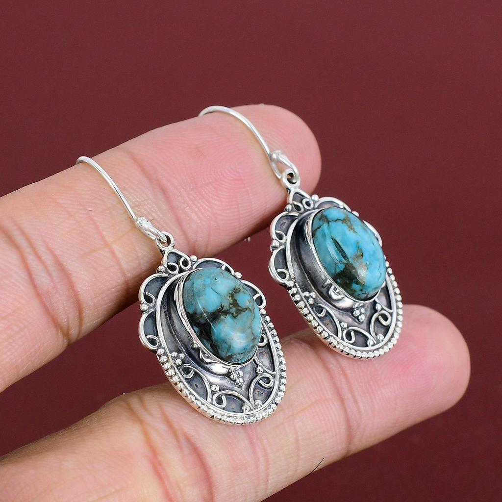 Tibetan Turquoise Gemstone Earring Vintage Earring Handmade Jewelry 925 Sterling Silver Earring Unique Jewelry Drop Earring Gifts For Mother