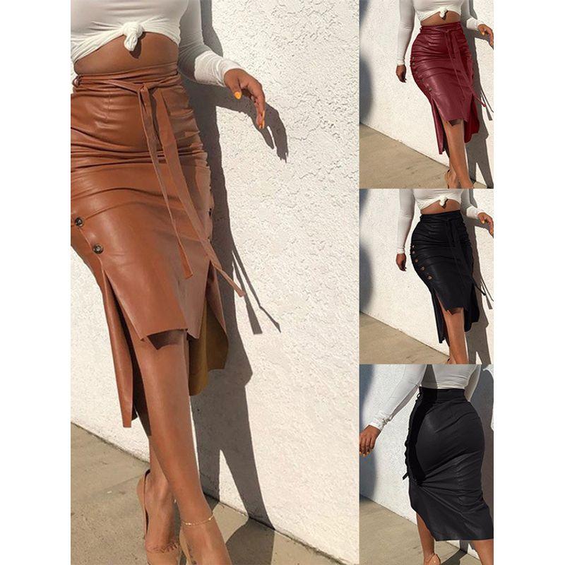 Solid Color Lace up Waist Hugging Skirt Pure Color Tied Sheath Skirt for Women